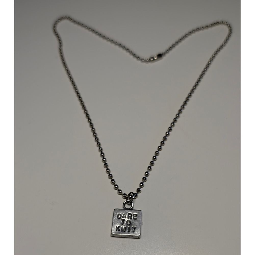 DARE TO KNIT!‎ Hand Stamped Square Pendant Ball Chain Necklace Pewter Gift